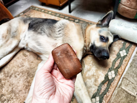 A relaxed German Shepherd lies on a rug as a hand displays a bar of soap nearby, creating a playful atmosphere in the living room.の写真素材