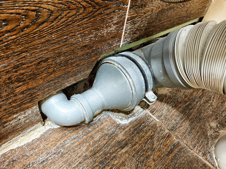 A plumbing connector is seen embedded in a wooden floor, highlighting the integration of plumbing into modern home design.の写真素材