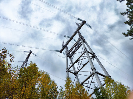 High voltage transmission towers rise against a cloudy sky, surrounded by vibrant autumn trees in Krasnoyarsk region.の写真素材