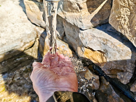 A person is holding their hand beneath a flowing stone faucet, catching clear water in a serene...
