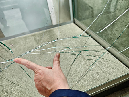 A hand indicates broken glass fragments in a public area, highlighting the damage and its potential hazards to passersby.の写真素材