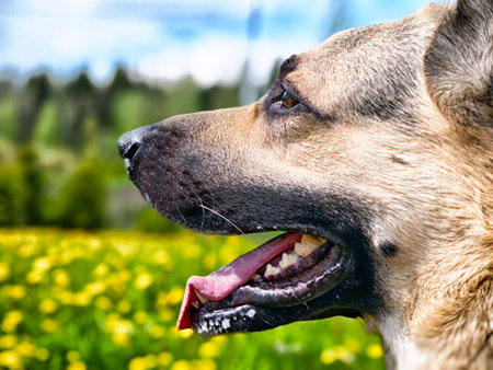 A German Shepherd stands proudly in a flower field, basking in the sun while surrounded by bright...