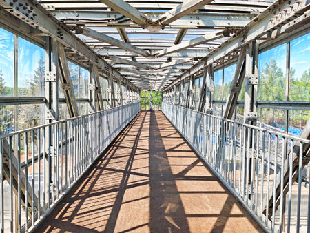 A walkway made of steel and glass spans a green park area, allowing views of the trees while letting sunlight filter through.の写真素材