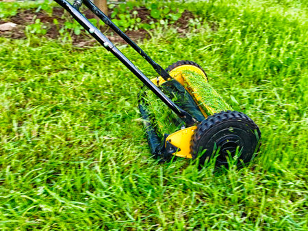 A green lawn is being trimmed with a manual reel mower, showing neat rows of freshly cut grass in a residential garden.の写真素材