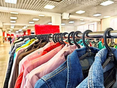 A variety of jackets and shirts hang neatly on racks in a bright retail space during a bustling afternoon shopping period.の写真素材