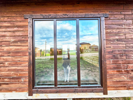 A dog is standing at the large window of a wood cabin, with a beautiful sunset reflecting in the glass and a serene landscape outside.の写真素材