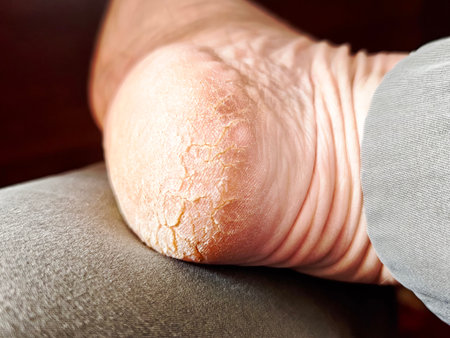Close-up view of a cracked heel showing signs of skin fungus and dryness, highlighting the need for treatment and care for foot health.の写真素材