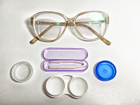 Eyeglasses are placed next to a contact lens case, tweezers, and solution on a clean white surface,...