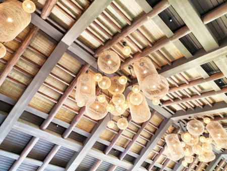 Warm lighting from stylish pendant lamps creates an inviting atmosphere in a restaurant with a...