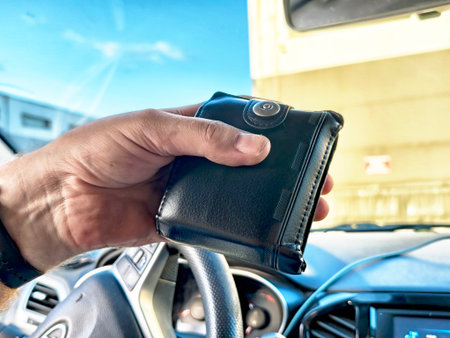 A person hand grips a black leather wallet inside a car with a bright blue sky visible through the...