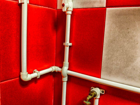 Colorful restroom showcases white plumbing pipes against red tiles, highlighting innovative design...