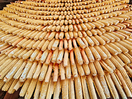 Layers of golden corn cobs are neatly arranged against a textured background, offering a striking visual with room for text placement.の写真素材