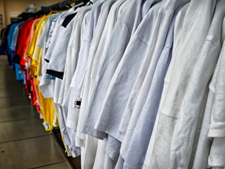 Rows of shirts in various colors hang from racks, showcasing vibrant styles in a retail setting...