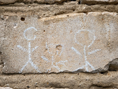 Chalk drawings of stick figures on a weathered brick wall create a playful atmosphere, showcasing simple yet meaningful expressions of creativity.の写真素材