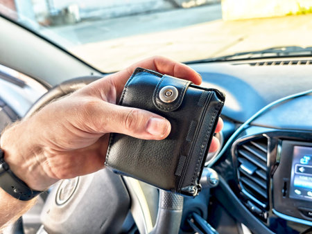 A hand is holding a black wallet inside a car, showcasing parts of the vehicle's dashboard and...