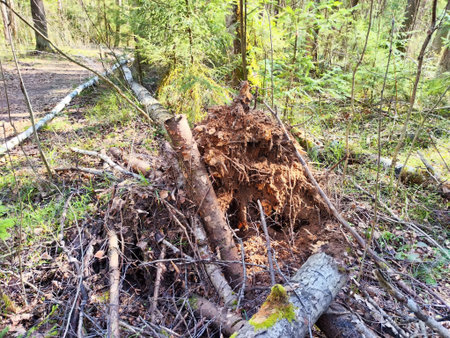 The forest reveals a collection of fallen trees and uprooted stumps, showing nature's resilience and...