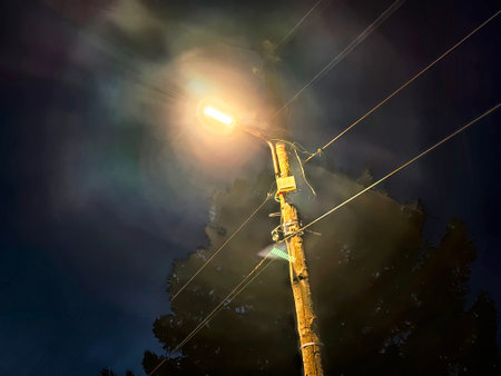 A tall streetlight shines brightly against the backdrop of a dark sky, casting light on surrounding trees and power lines at night.の写真素材