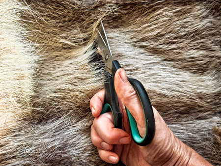 A hand holding scissors is cutting fur, showcasing textile crafting skills at a workshop dedicated to fur art.の写真素材