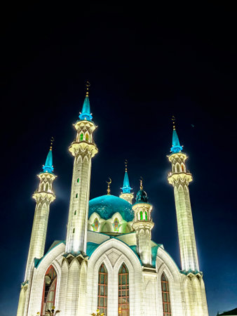 Close-up of Kul Sharif Mosque minarets illuminated at night in Kazan Kremlin, Russiaの写真素材