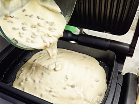Batter is being poured onto a heated griddle in a lively kitchen, preparing for a flavorful...