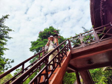 Blonde woman exploring Phu Quoc, Vietnam: a journey through a tropical paradise filled with adventure and beautyの写真素材