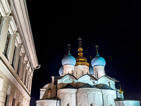 Night view of Kul Sharif Mosque in Kazan Kremlin, Russia, beautifully lit with blue domes and...