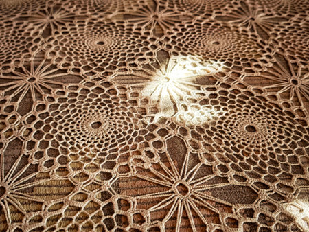 Intricate lace fabric displays a detailed pattern, with sunlight softly illuminating the elegant textures and designs throughout.の写真素材