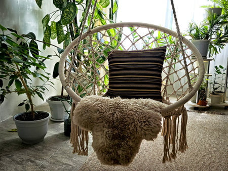 A comfortable hanging chair with a striped cushion is positioned in a bright indoor garden filled...