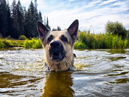 A German Shepherd splashes happily in the water, enjoying a warm day in a scenic outdoor setting marked by tall trees and greenery.の写真素材