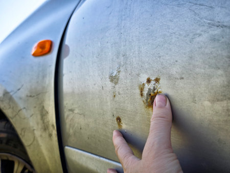 A hand gently touches a rusty patch on a car's silver surface, highlighting dirt and scratches during daylight.の写真素材