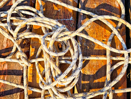 Rope is intertwined on a textured wooden surface, illuminated by warm sunlight, showcasing shadows and patterns created by the twine.の写真素材