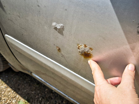 A person inspects rust spots on a car door, indicating possible damage and a need for repair in a bright outdoor environment.の写真素材