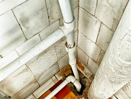 White water pipes and plumbing fixtures are seen at a corner of a room, showing signs of aging and minor damage in a residence.の写真素材