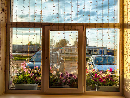 A peaceful scene shows vibrant flowers in pots and twinkling lights through a window at sunset, with...