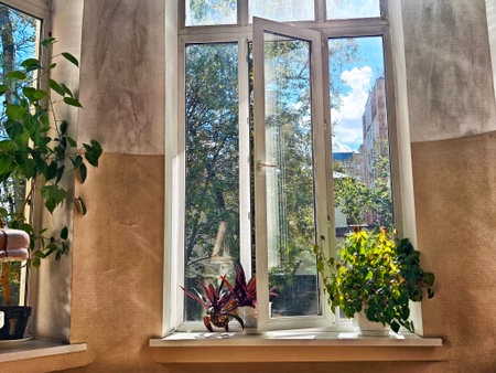 Sunlight fills the room as an open window reveals lush greenery outside, enhancing the inviting...