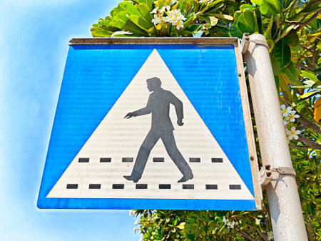 A clear pedestrian crossing sign is mounted on a post surrounded by vibrant, green foliage under a bright blue sky.の写真素材