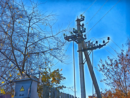 Utility pole with power lines stands tall against a bright blue sky, surrounded by trees shedding...