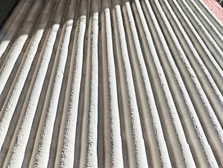 Sunlight casts shadows on a series of textured horizontal lines, revealing the simple elegance of the material and creating a calming atmosphere.の写真素材