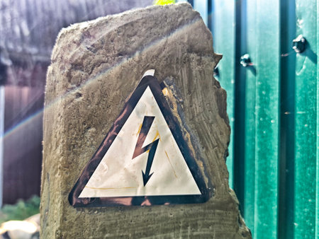 Warning sign with lightning bolt symbol warns of electric danger on a concrete post in a green, outdoor area.の写真素材
