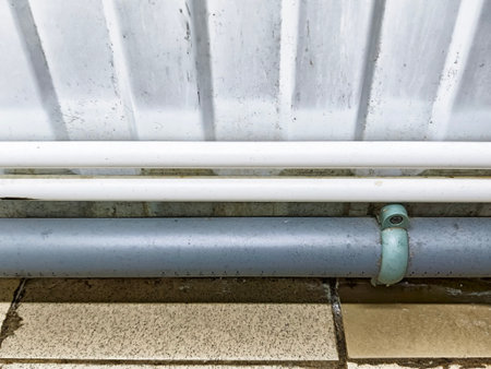 White and gray pipes run alongside each other at the base of a wall, showing plumbing work in a residential environment.の写真素材