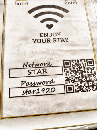 Tashkent, Uzbekistan - April 10, 2025: The hotel provides guests with Wi-Fi information, including the network name and password for easy internet access.のeditorial素材