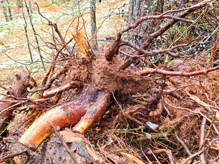 Exposed roots emerge from the ground following a storm, revealing the complex system that supports...