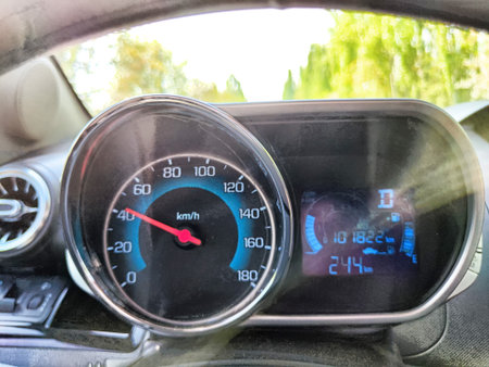 Tashkent, Uzbekistan - April 10, 2025: A speedometer indicates the vehicle's speed and distance...