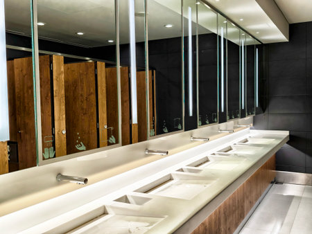 Bright and modern bathroom featuring sleek sinks and clean mirrors, designed with wooden accents and private stalls in a public area.の写真素材