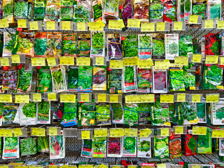 Kirov, Russia - September 06, 2025: Colorful seed packets are arranged on shelves in a garden center, showing diverse plants available for spring planting.のeditorial素材