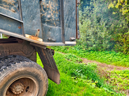 A large truck stands on the edge of a grassy path surrounded by trees, showing a serene natural setting.の写真素材