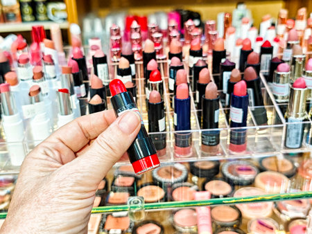 Maikop, Russia - June 04, 2025: A hand holds a red lipstick while browsing through various shades in a cosmetics store in Maikop, Adygea, Russia.のeditorial素材