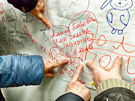 Kirov, Russia - November 16, 2025: Several hands point at different drawings and writings on a large paper wall where people express their creativity.のeditorial素材