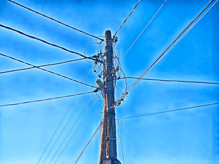 A utility pole stands tall with multiple power lines stretching out across a vibrant blue sky,...