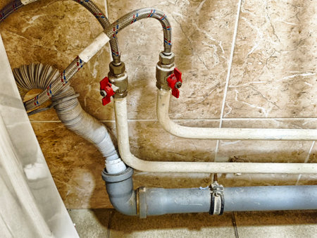 A detailed view of plumbing pipes and valves located in a residential bathroom, showcasing maintenance work being done during the day.の写真素材